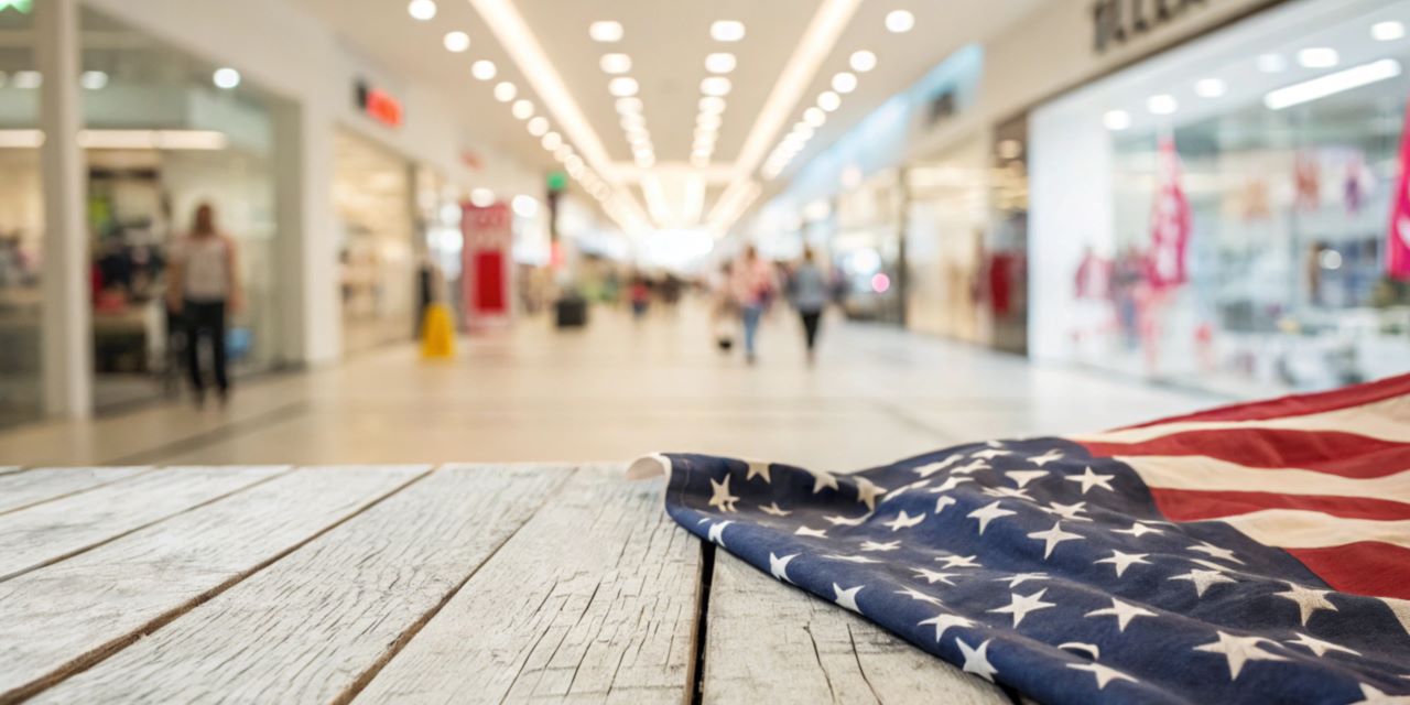 US flag on a wooded bench in shopping mall